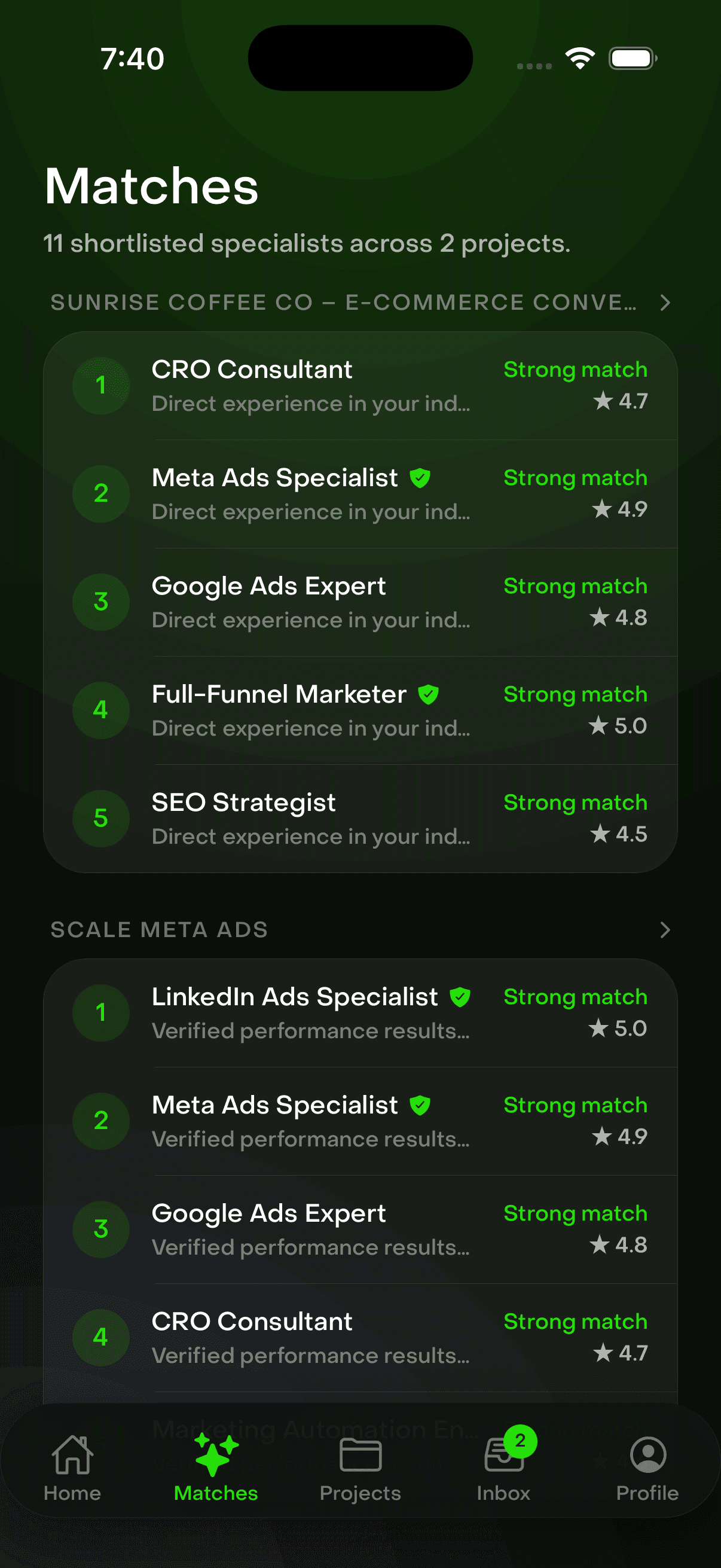 The Matches screen, showing eleven shortlisted specialists across two projects, each with a match strength, a reason and a rating.